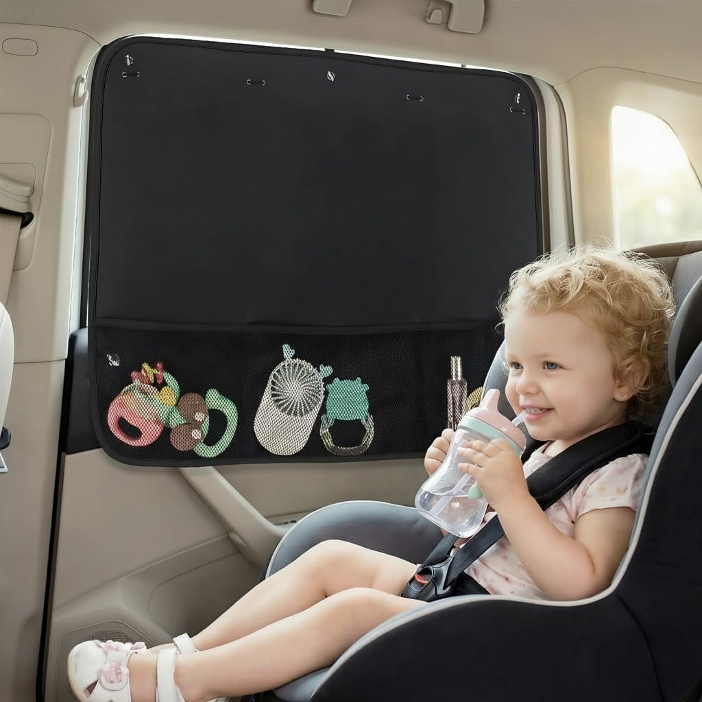 Car Window Shades for Baby, 2 Pack Blackout UV Sun Shade with Net Pockets