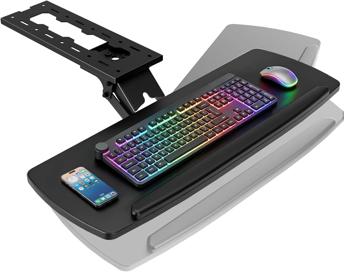 Keyboard Tray under Desk with Storage Drawer, Height Adjustable Keyboard Tray Slide Out 360° Swivel Tilt, Ergonomic under Desk Mount Keyboard & Mouse Holder for Gaming Home Office