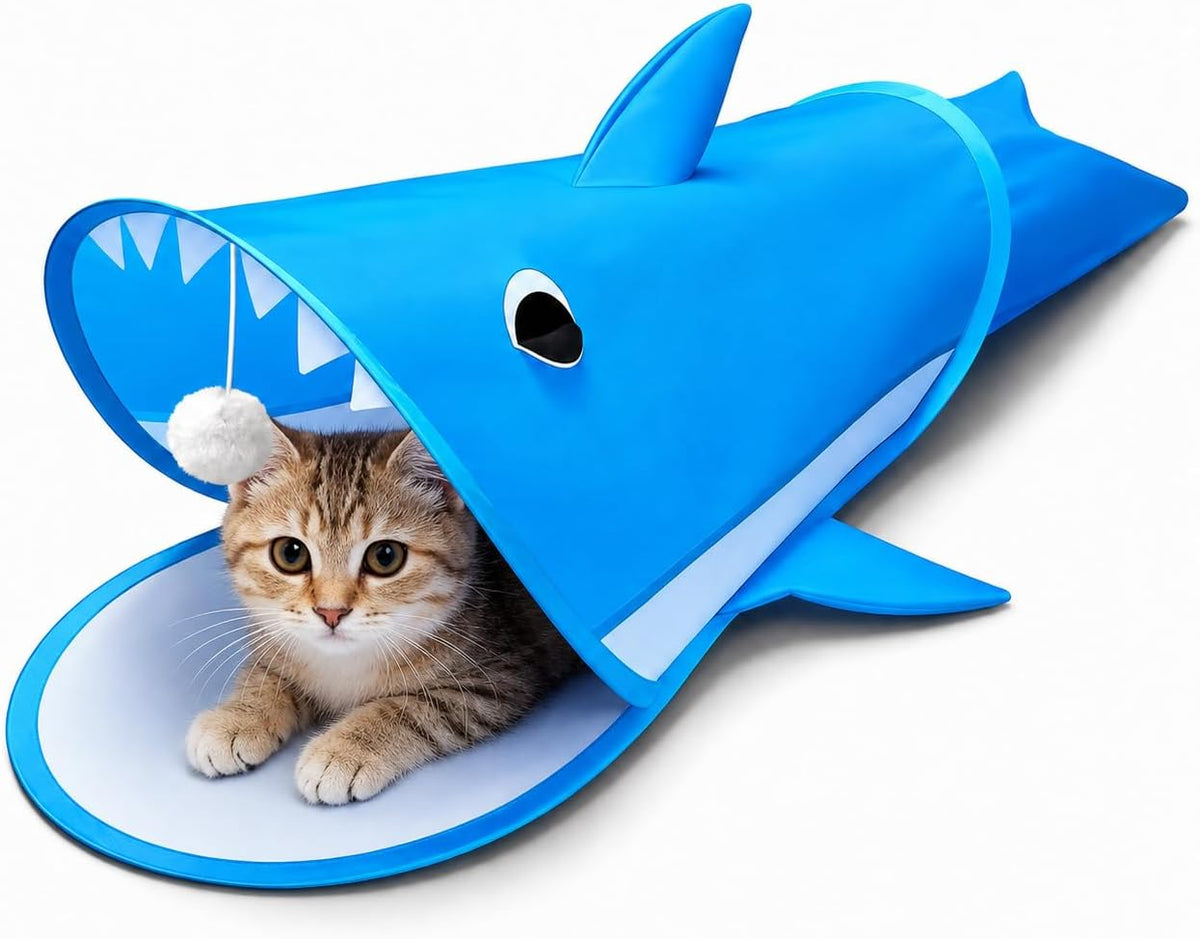 47" Shark Cat Cave Tunnel Toy with Hanging Ball & Storage Bag