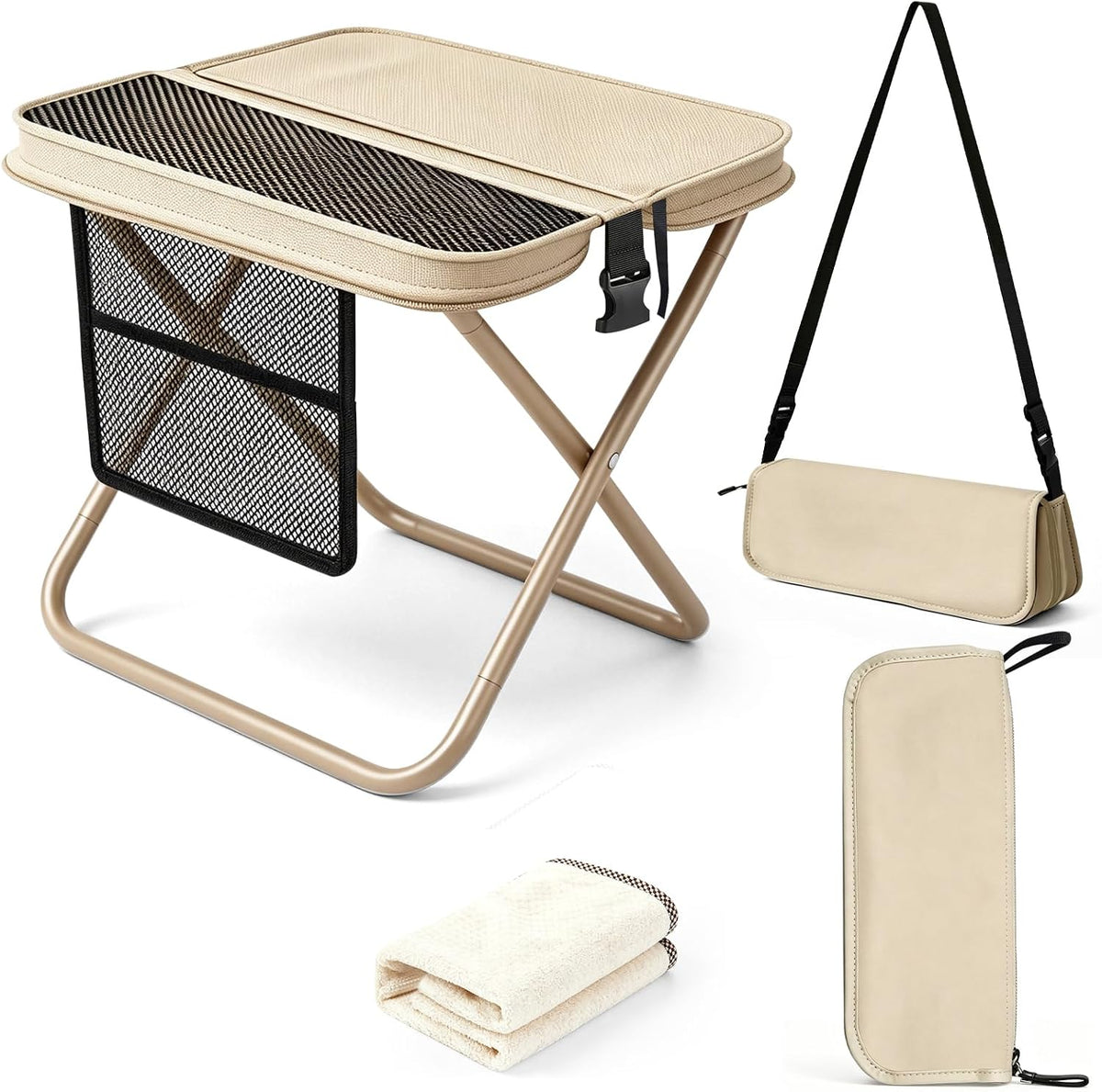 16" Extra Tall Portable Folding Stool for Adults, X-Large Collapsible Camping Stool with 3 Storage Pockets & Shoulder Strap, Heavy Duty Travel Chair Lightweight Travel Seat for Hiking Fishing Hiking