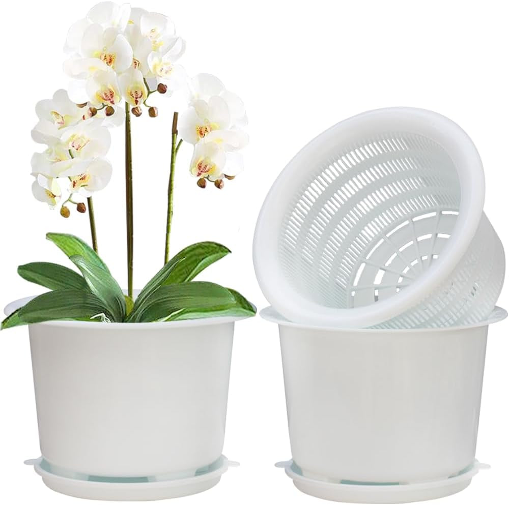 8 Inch Orchid Pots with Holes and Saucers,Double Layer Plastic Large Orchid Planter Pot,Flower Pots for Indoor Outdoor Flower Plants,Orchids,Herbs,Snake Plants and Succulents, White