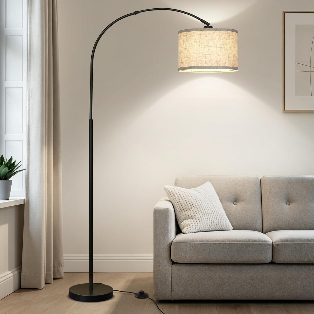 Seaside Village Arc Floor Lamps for Living Room, Modern Standing Lamp with Adjustable Hanging Drum Shade, Tall Pole Lamp with Foot Switch, over Couch Arched Reading Light for Bedroom, Office (Black)