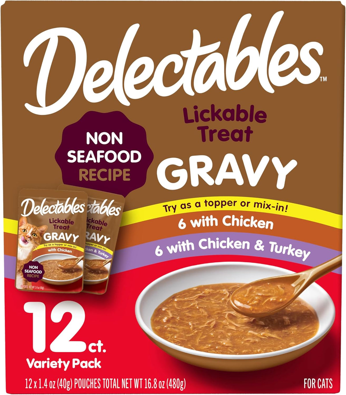 Delectables Lickable Treat Gravy Wet Cat Treat Variety Pack, Food Topper, Hydrating, Grain-Free, No Fillers, By-Products, Added Preservatives, 1.4Oz Pouch, 12Ct