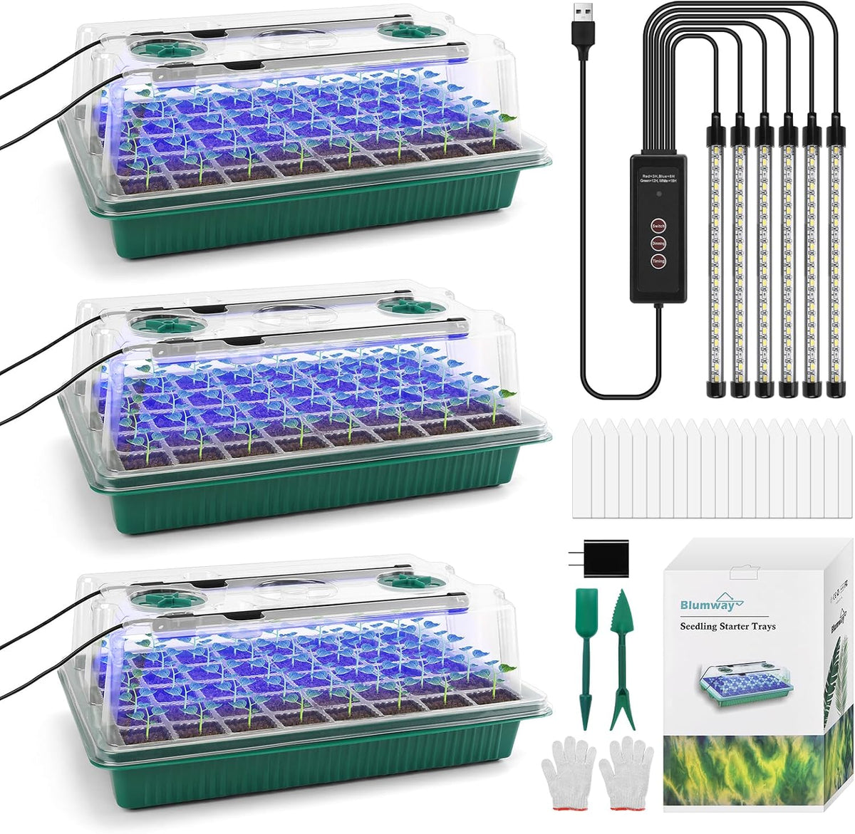 Blumway Seed Starter Tray with Grow Light, Humidity Dome, 3 Pack 120 Cells