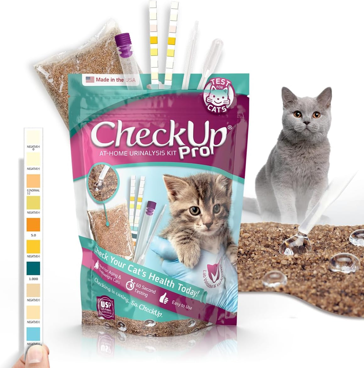 KIT4CAT Checkup Pro at Home Cat Wellness Test for | Hydrophobic Litter to Collect Urine & 2, 10 Indicators Strips | Ph, Protein, Urobilinogen, Glucose, Bilirubin, Ketone, S-Gravity, Blood in Urine