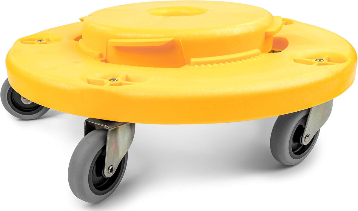 Maxworks 18‑Inch Trash Can Dolly with 5 Swivel Casters High‑Visibility Yellow Rolling Base with Multi Size Compatibility for 20 to 55 Gallon Containers 250 Lb Capacity Twist‑Lock Design (50933)
