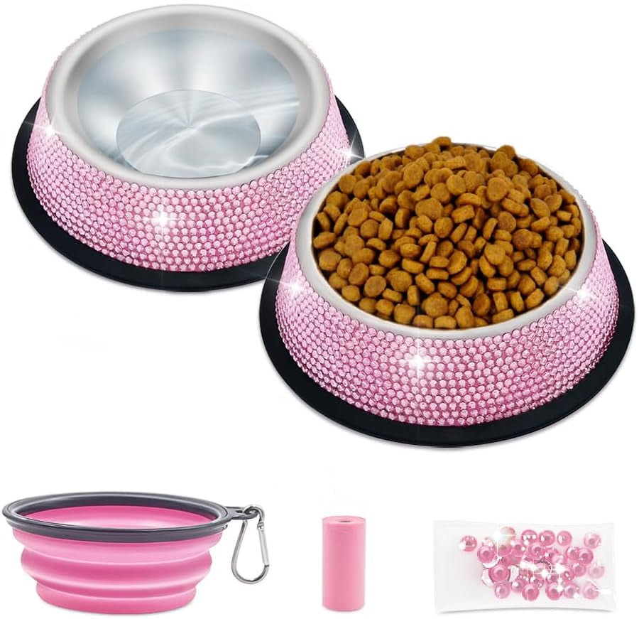 2 Pcs Bling Pet Bowls for Cats and Small Dogs, 320 Ml Pink Cat Food Bowl