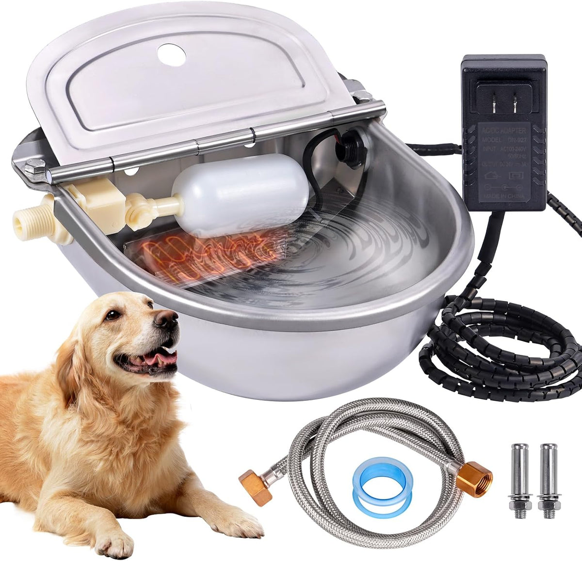 Heated Automatic Water Bowl for Dogs and Chicken, 24V Pet Thermal-Bowl with Float Valve Heated Automatic Waterer for Large Dogs Livestock Poultry