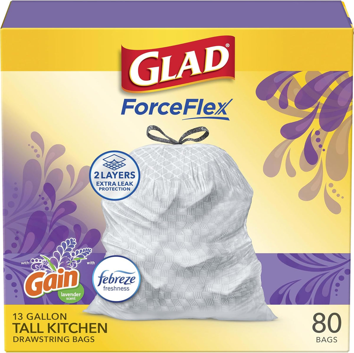 Glad Forceflex Tall Kitchen Drawstring Trash Bags, 13 Gal, Gain Lavender, 80 Ct (Package May Vary)