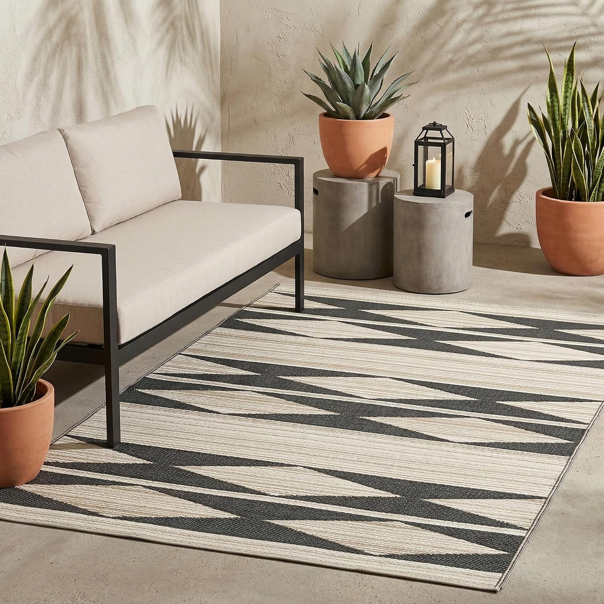 Fab Habitat Outdoor Rug - Waterproof, Fade Resistant, Crease-Free - Premium Recycled Plastic - Neutral Geometric Tribal - Patio, Porch, Deck, Balcony - Cairo - Natural & Black - 5 X 8 Ft
