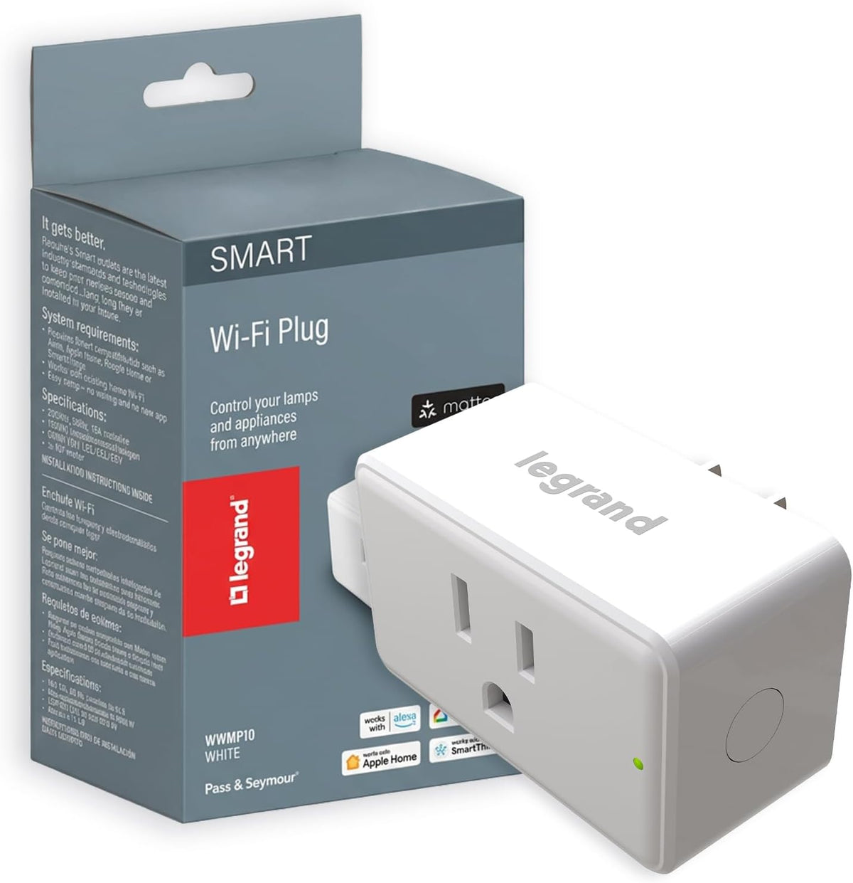 Legrand Radiant Wi-Fi Matter 15 Amp Smart Plug-In Switch, White, 1 Pack