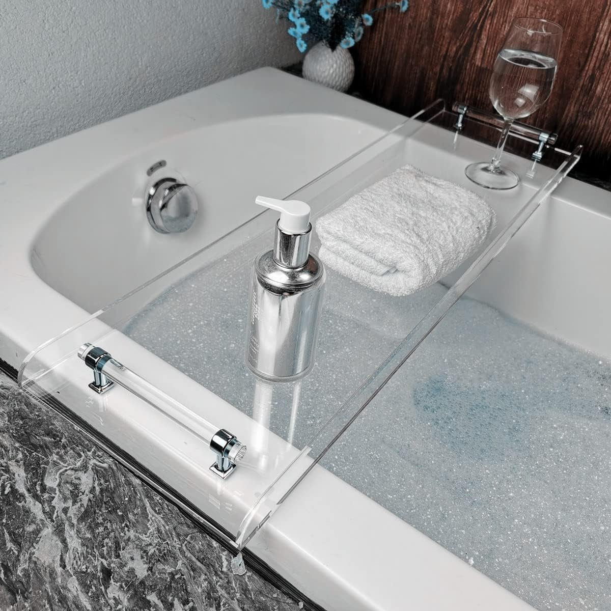 31" Silver Handles Luxury Bathtub Tray Caddy for Bath Tub Table Tray with Silver Handles for Bathroom Bath Accessories Storage Organizer Tub Tray