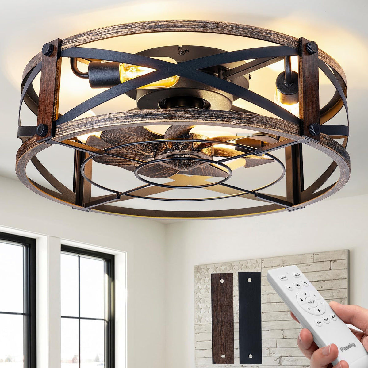 Passky 20" Caged Ceiling Fans with Lights and Remote, Low Profile Fandelier