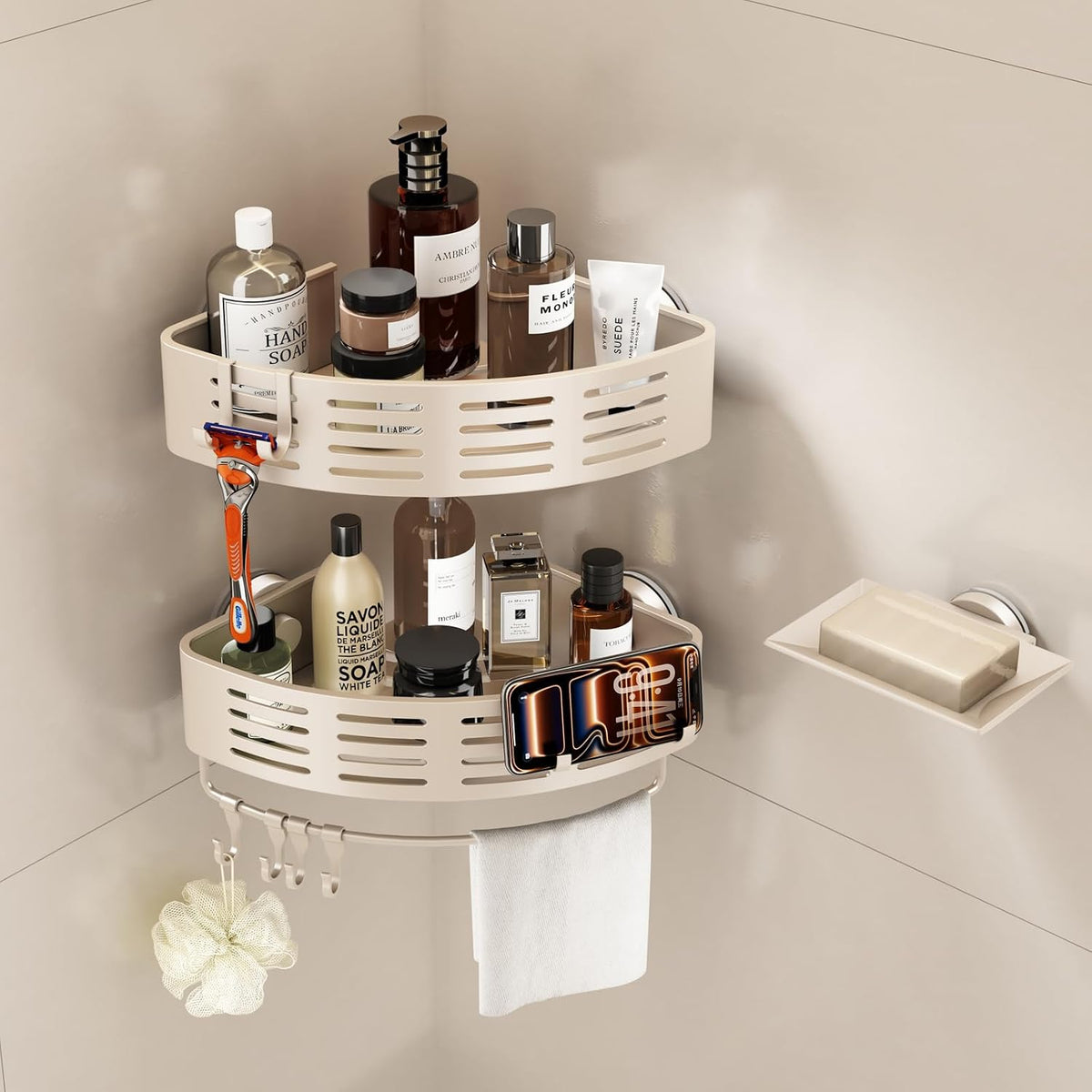 Shower Organizer Suction Cup Corner Shower Caddy with Soap Holder Rust Proof Shower Shelf for inside Shower Shower Shampoo Holder with Removable Towel Bar & Hooks(2-Pack,White)