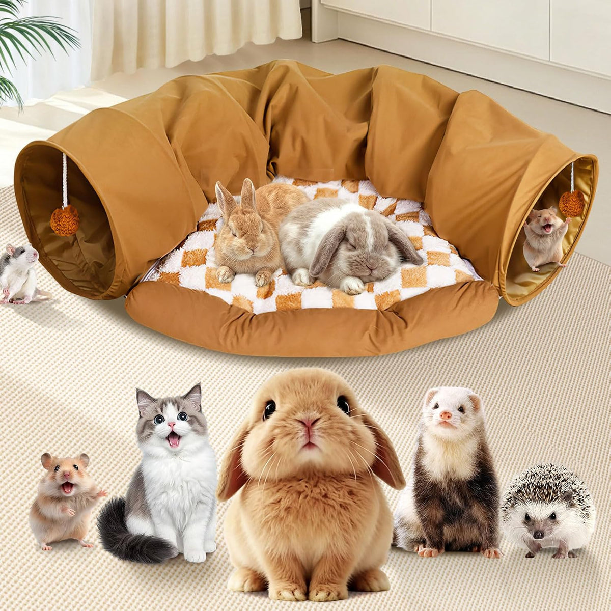 Spardar 2-In-1 Bunny Tunnel Bed, with Removable Mat Hideout, Khaki