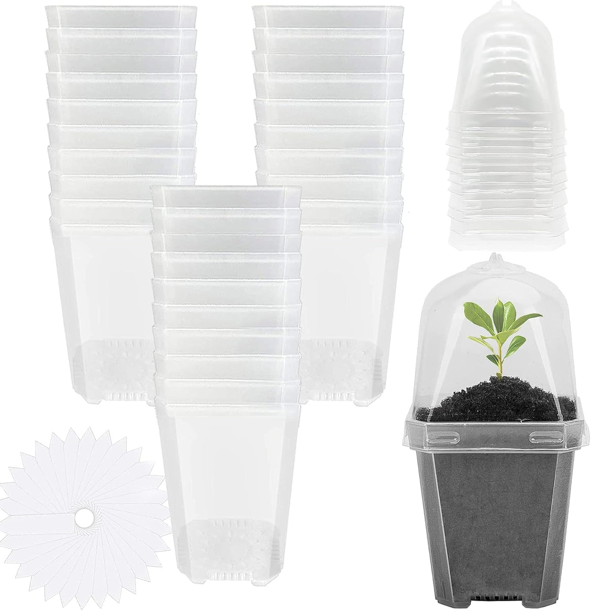 30 Pcs 3" Clear Plant Nursery Pot with Humidity Dome, Plastic Gardening Pot