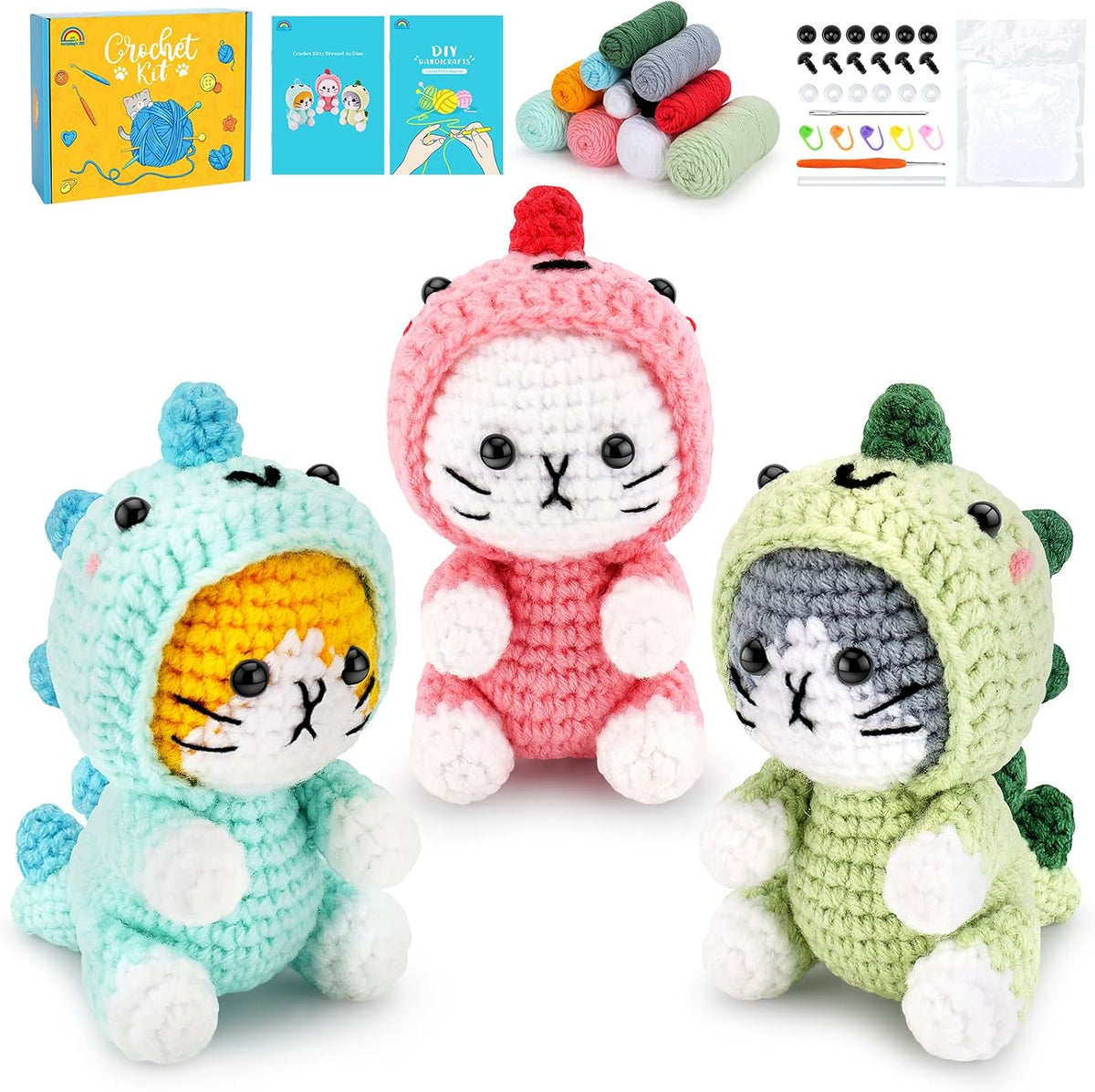 Fortuning'S JDS Crochet Kit for Beginners, 3 PCS Dinosaur Cat Crochet Kits