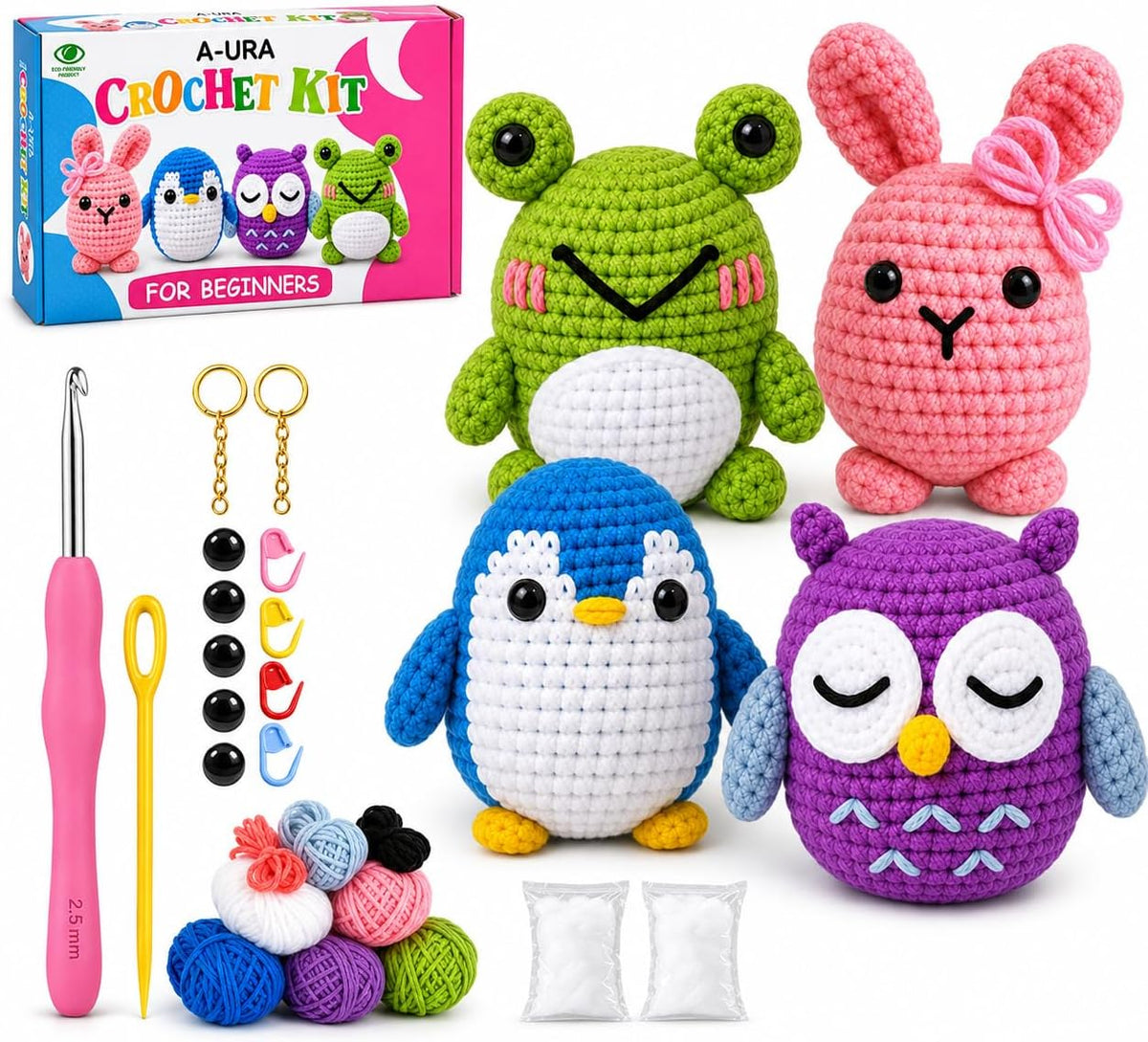 A-URA 3-In-1 Learn to Crochet Kit for Beginners Kids and Adults, Premium Pattern Sunflower, Panda Cactus, Hanging Pot Plant Beginner Crochet Kits with Easy Tube Yarn (4, Animal Pattern)