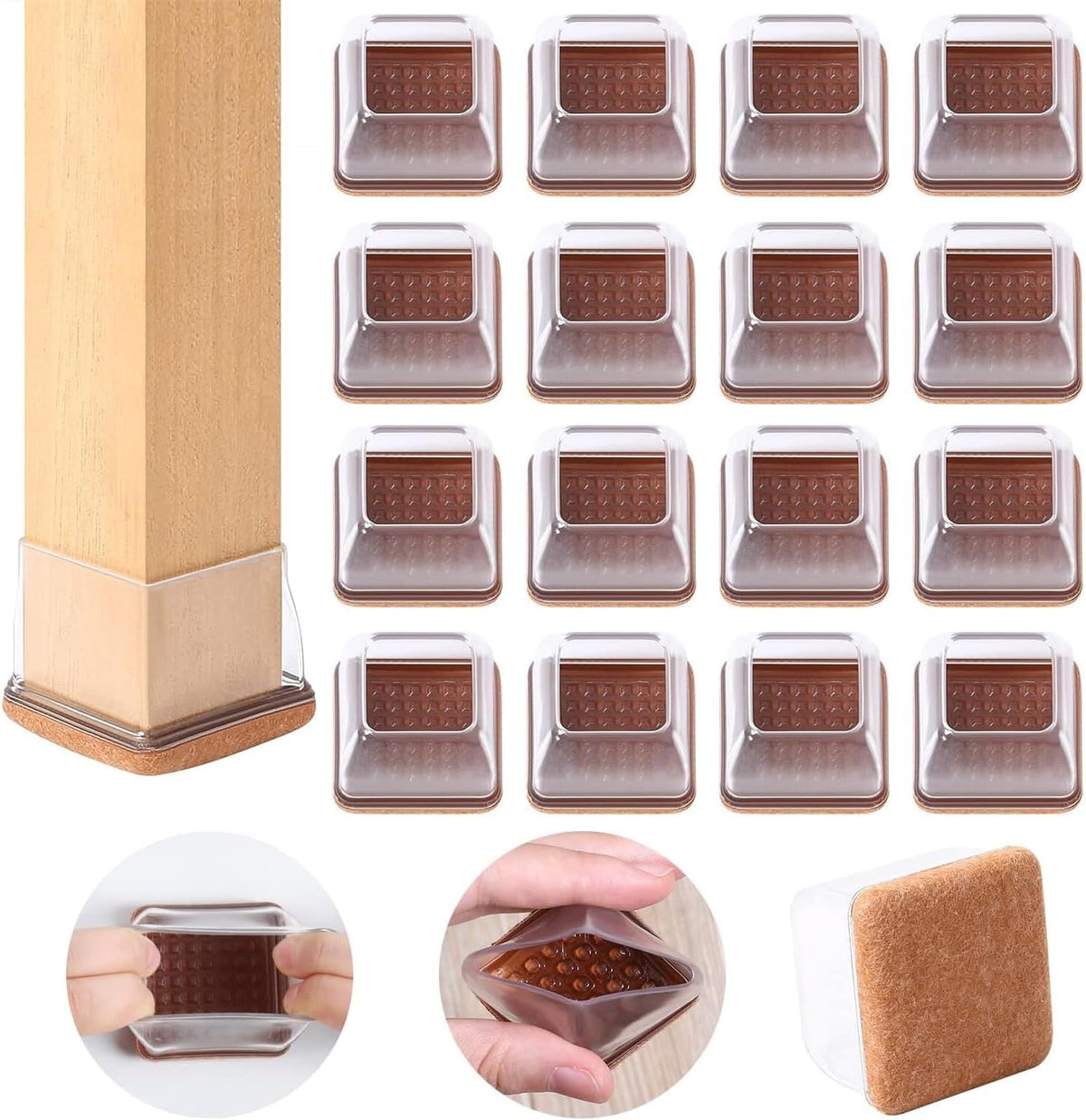 Ezprotekt 24 Pcs Clear Square Chair Leg Floor Protectors with Felt, Silicone Felt Furniture Pads for Hardwood Floor, Dining Table Leg Caps Covers No Scratches and Noise (L Fit: 1.1" - 1.34")