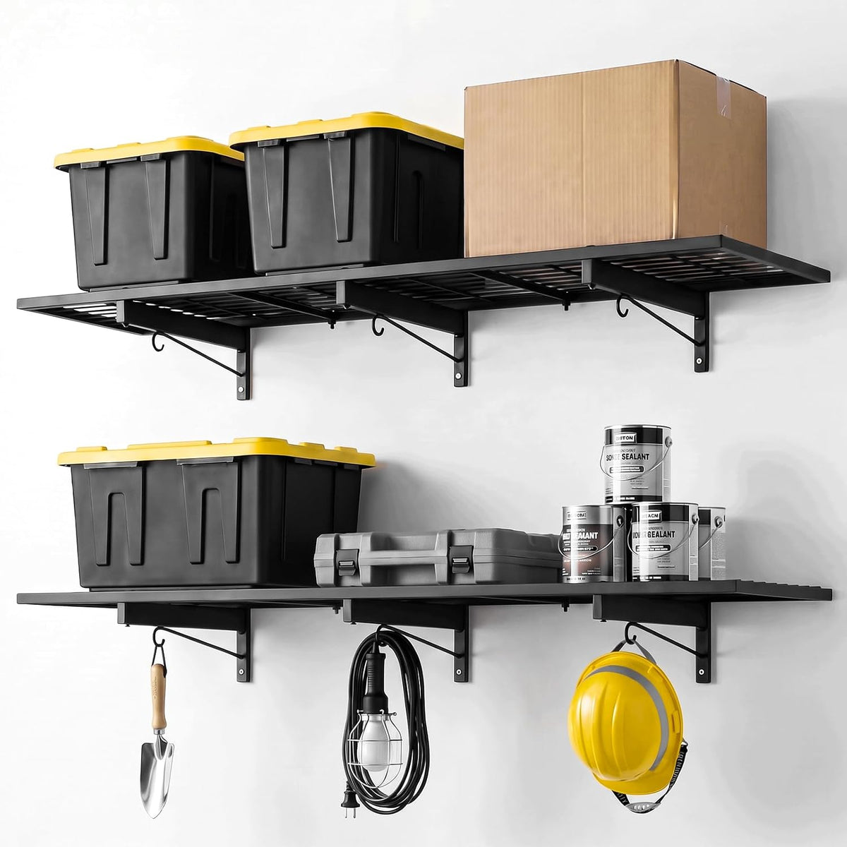 2 Pack Garage Wall Shelves, 46" X 12.5" Heavy Duty Wall Mounted Shelving, 360 LBS Capacity, Metal Storage Rack with 8 Hooks, Black Wire Shelf Organizer for Basement, Workshop, Shed & Laundry Room