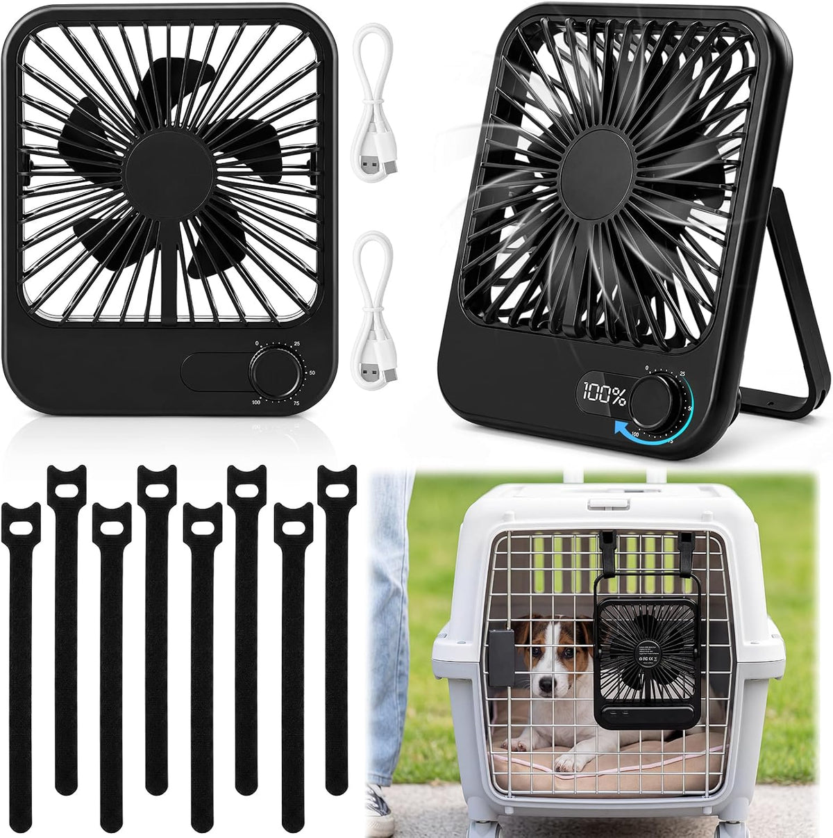 2 Pcs Pet Crate Fan for Cooling Dogs and Other Pets Quiet Portable Kennel Fan with Hook Straps 100 Cooling Speeds 2000 Mah Battery Operated USB Powered