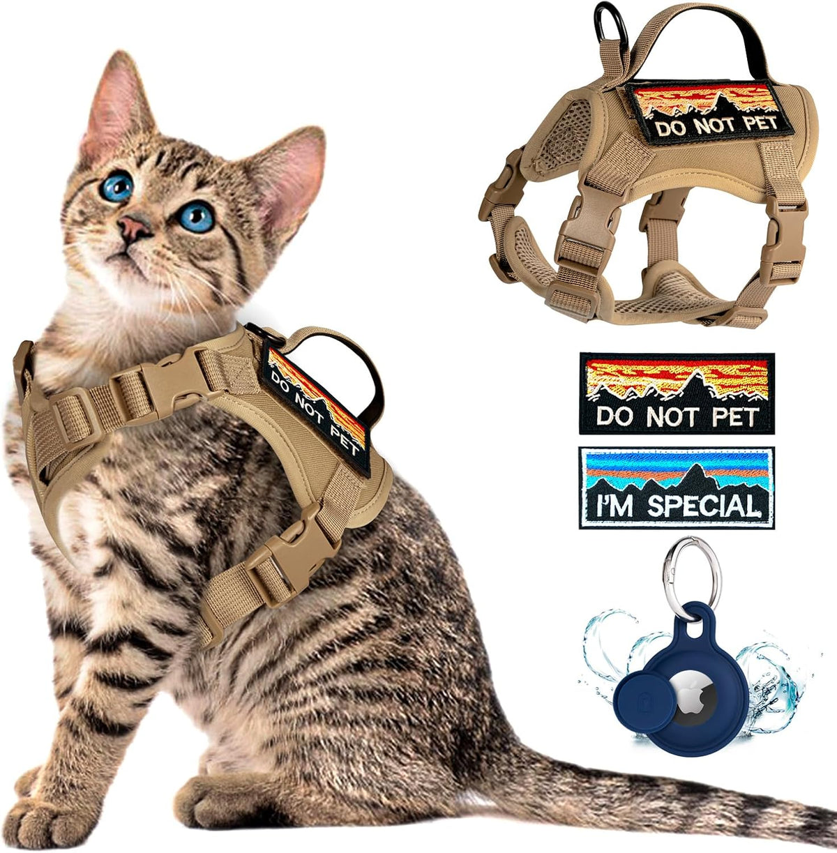 Tactical Cat Harness for Walking, Adjustable Escape Proof Pet Vest for Large Cat,Easy Control Breathable Cat Vest with Handle,Molle Patches (Khaki, L)