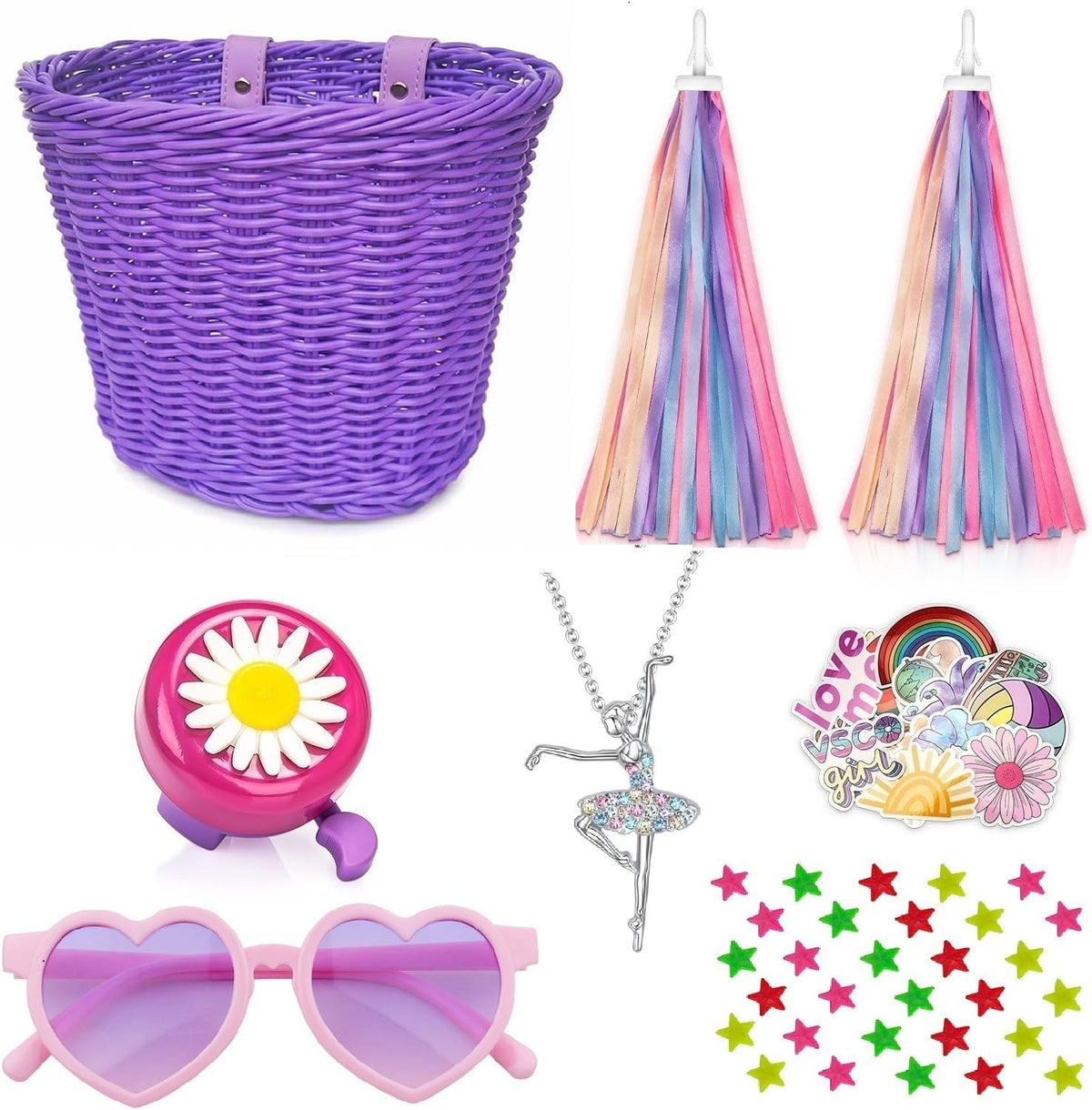 Kids Handlebar Bicycle Basket for Girls with Necklace, Bell, Streamers, Wheel Bead, Sunglasses, Stickers - Bike Decoration Accessories Set