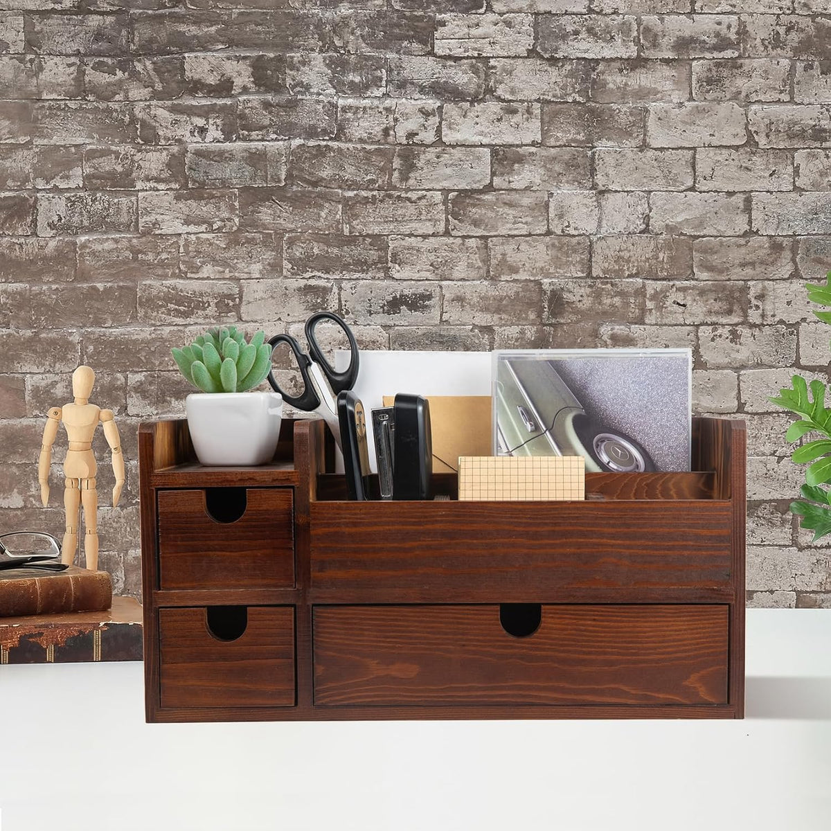 Rustic Brown Wooden Desktop Organizer Drawers Removable Office Supplies Torched Wood Storage Cabinet Caddy Box Stationery Pencil Slots Mail Holder Notes Accessories Home Makeup Tools Cosmetics