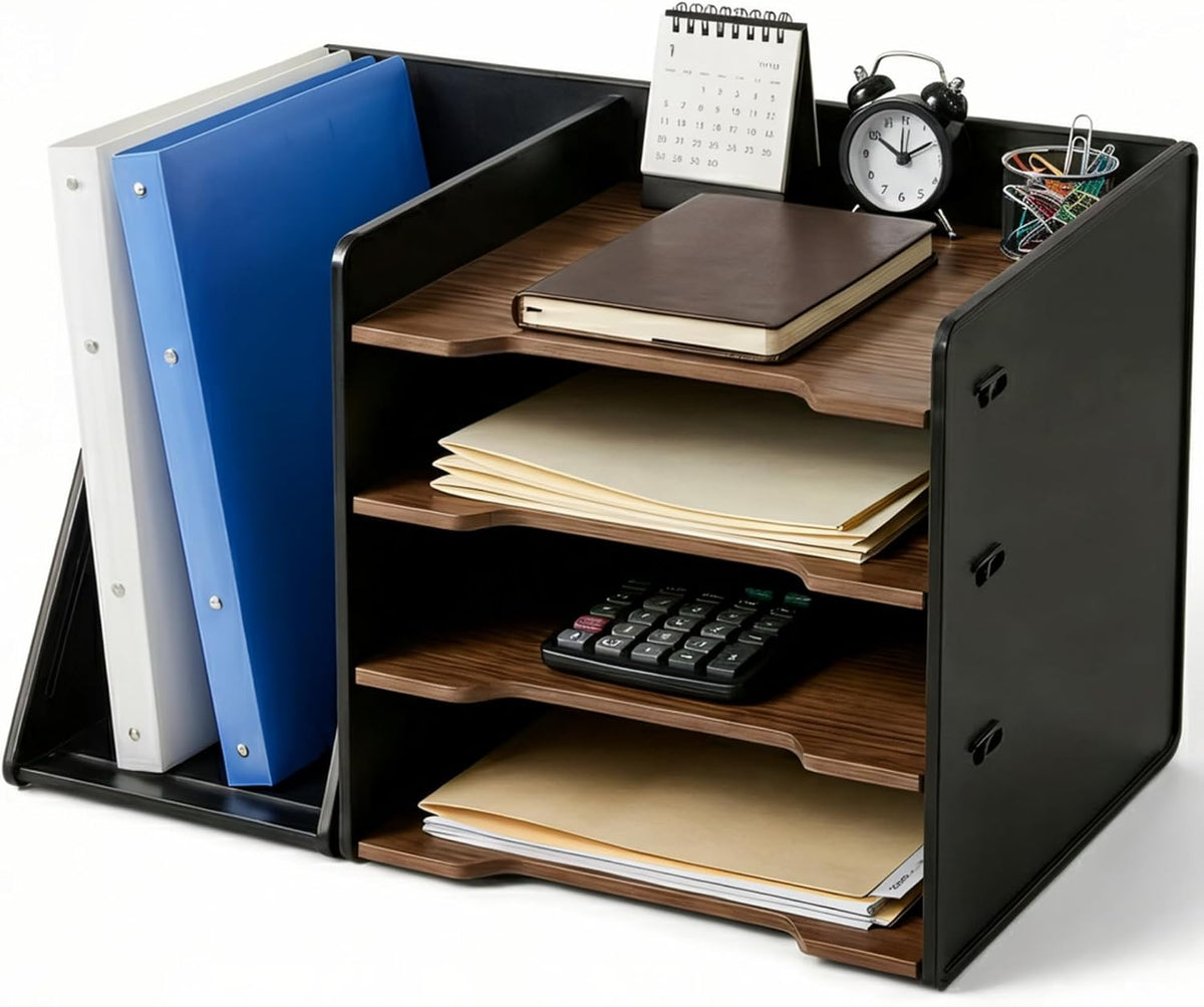 4-Tier Desk Paper Organizer with Magazine Holder, Black & Brown
