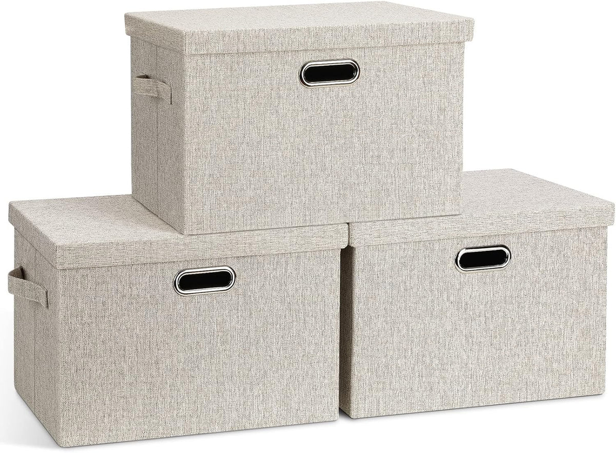 Graciadeco Large Quart Collapsible Stackable Storage Bins with Lids, 3 Packs Beige Linen Fabric Closet Boxes with Lids, Storage Cube Baskets Container Organizers for Bedroom Office(16.6 X 11.7 X 10.8)