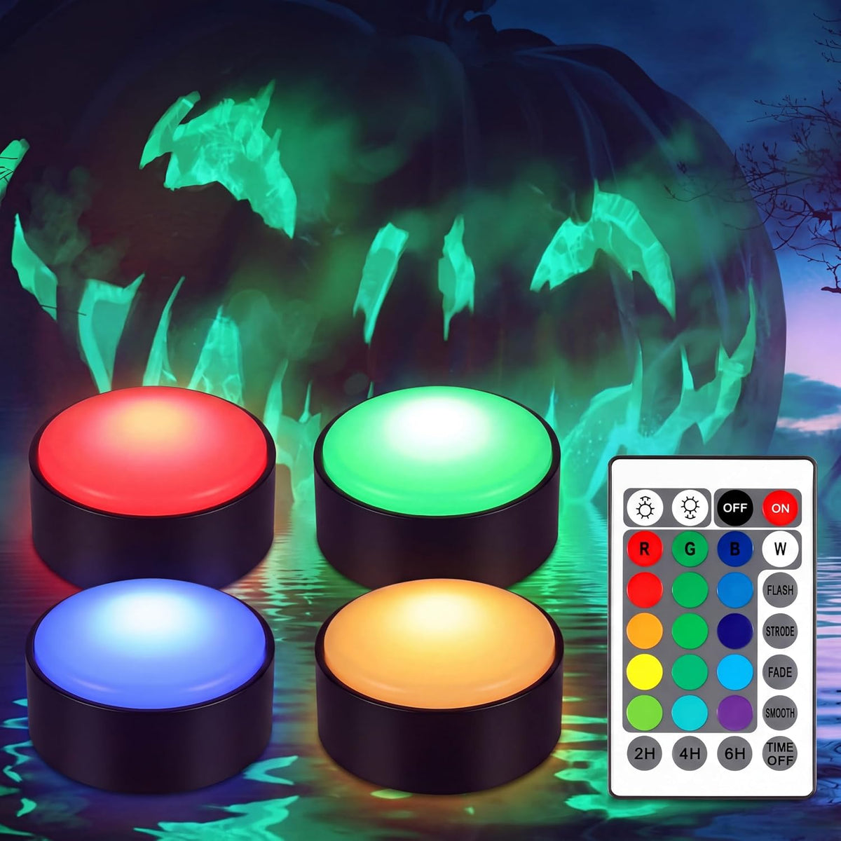 4 Pcs Halloween Jack-O-Lantern Pumpkin Lights with Timer, Black