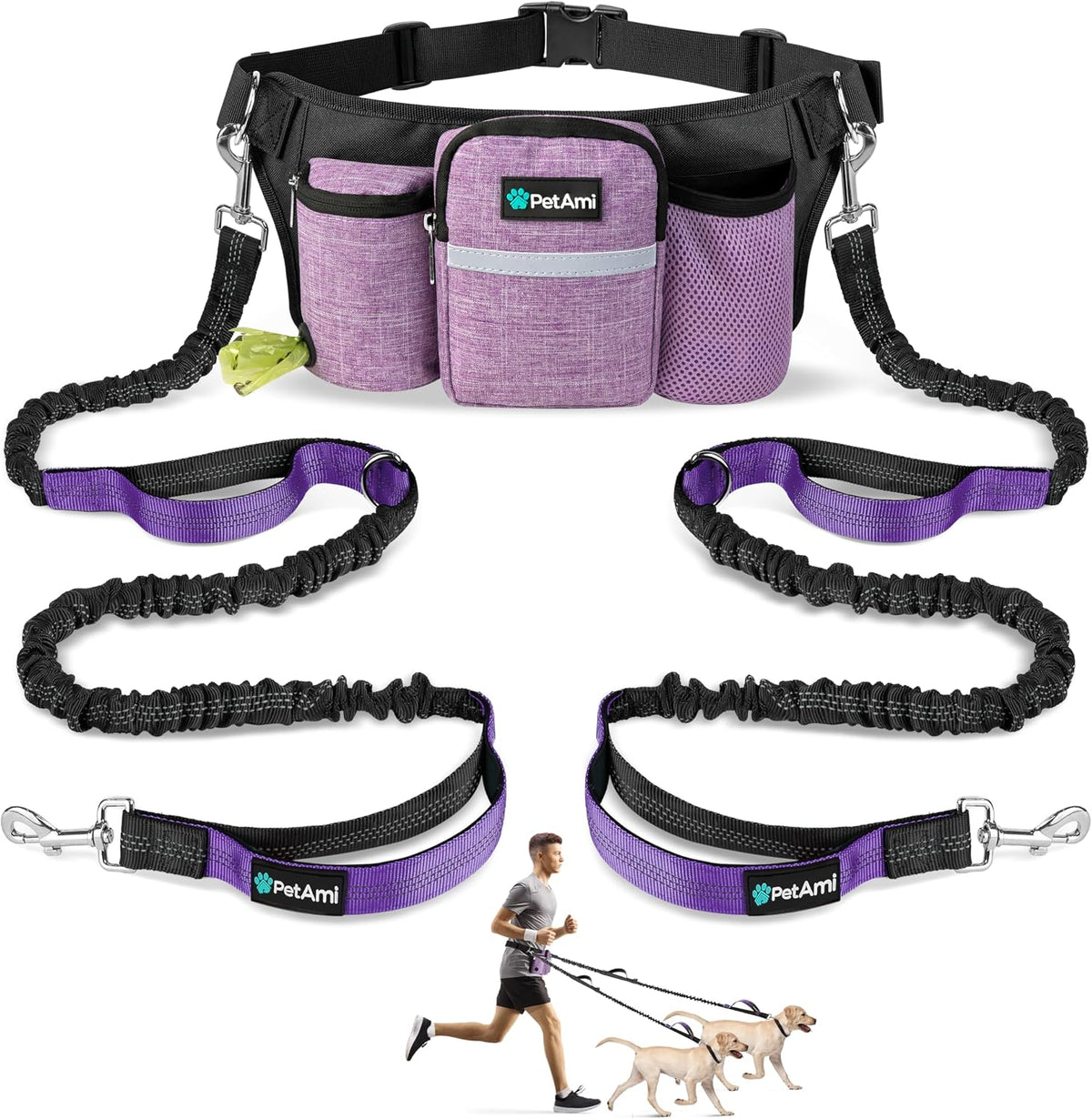 Petami Premium Hands Free Dog Leash for 2 Dogs, Adjustable Waist Belt Leash for Dog Walking, Fanny Pack Accessories Bag Dual Bungee Leash for Running, Hiking, Jogging, Biking, Purple