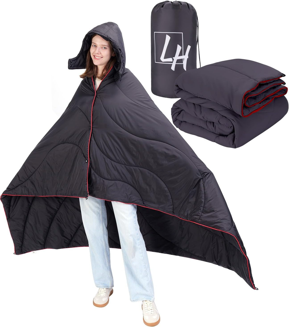 LH Puffy Camping Blanket, 79 X 54 in Wearable Stadium Blanket for 2 People