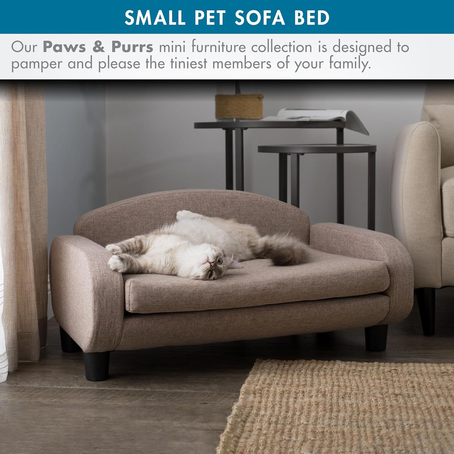 Paws & Purrs Cat Sofa Bed, Pet Couch for Indoor Cats Elevated Cat Beds with Removable Washable Mattress Cover for Kitten, Puppy or Small Animal- 31.5" Wide, Sand