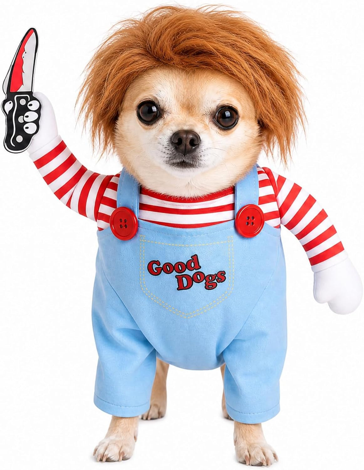 Deadly Doll Dog Costume for Small Medium Large Dogs, Funny Pets Cosplay Halloween Dog Clothes for Party, Walking Illusion Puppy Outfit with Wig and Knife