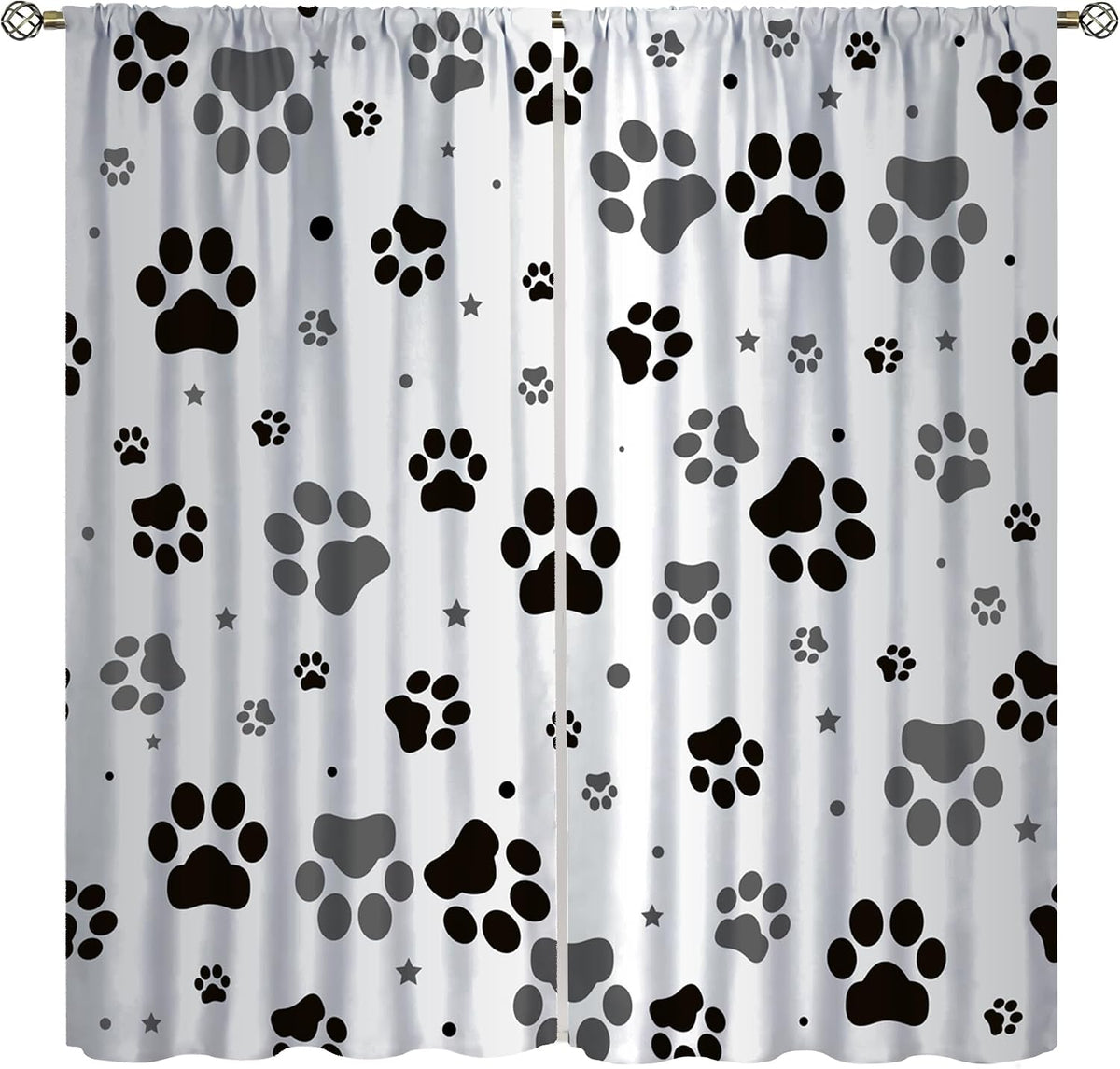 Paw Print Curtains, Gray Cartoon Star Cute Cute Pet Dog Animal Star Paw Blackout Window Treatments, Thermally Insulated Rod Pocket Drapes for Pet Room Bedroom Kennel Bathroom 42X63In
