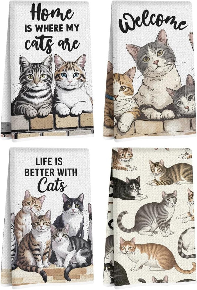 4 Pcs Cute Cat Kitchen Towels 24X14 Inch, Cats Gifts Absorbent Hand Towels