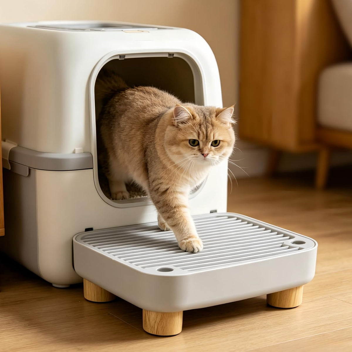 Litter Box Step, Cat Litter Catcher with Wooden Base for Senior and Kittens, Keep the Floor Clean 11.8"X8"X3.6" (Grey)