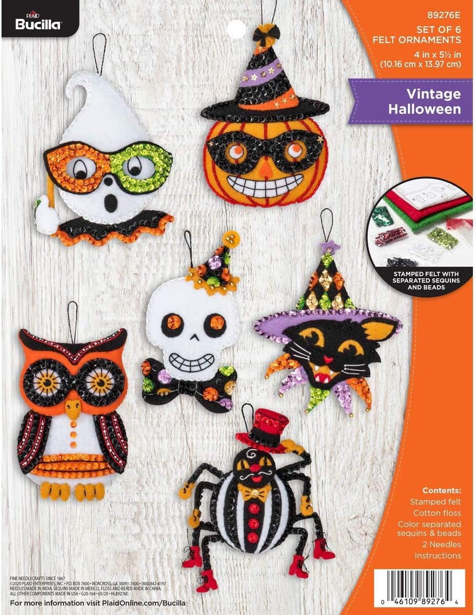Bucilla 89276E Felt Applique Ornament Kit, Vintage Halloween, Set of 6