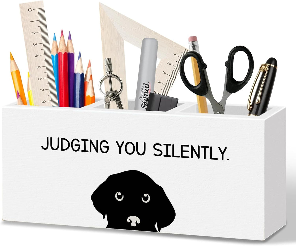 WODMIS Funny Dog Pen Pencil Holder for Desk, Dog Lovers Mom Dad Owner Gifts for Women Men, Judging You Silently Sarcastic Wooden Box Organizer Decorations for Home Office Desk Accessories Tabletop