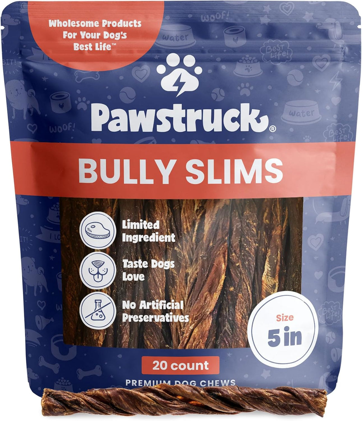 Pawstruck Natural 5" Beef Bully Slims for Dogs & Puppies - 40 Count