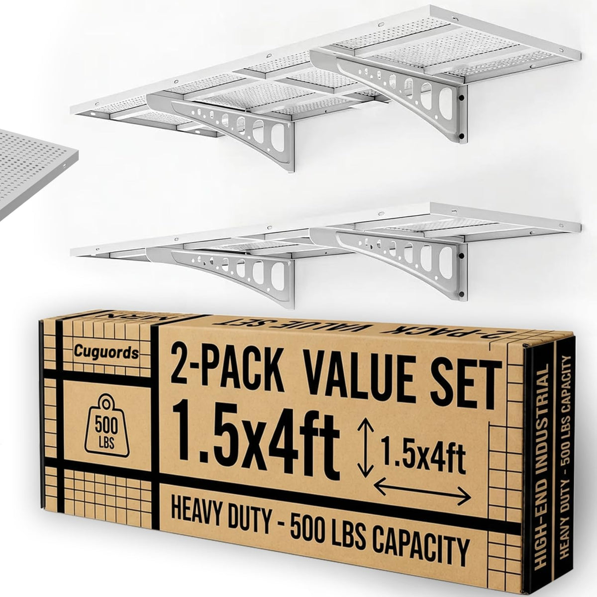 2-Pack 1.5X4Ft Garage Shelving Heavy Duty, 500 Lbs Wall Mounted Storage Shelf, Solid Flat Panel Organizer with Complete Install Kit, White