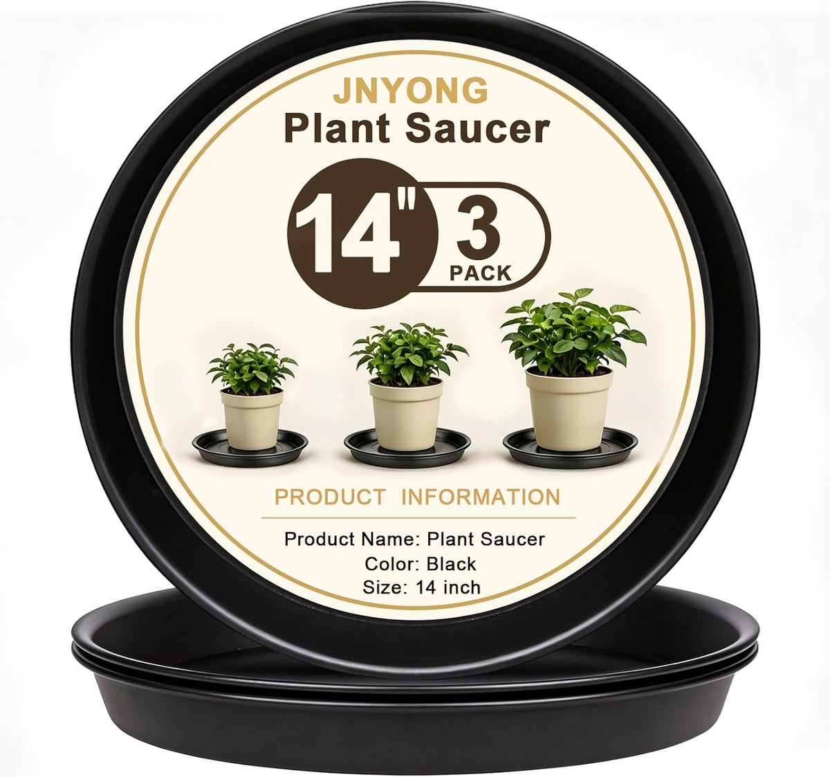 JNYONG 14Inch 3 Pack Black Circular Plant Saucer Tray