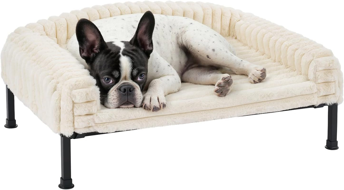 Veehoo Elevated Dog Bed with Bolster Cushion, Fluffy Plush Dog Couch Beds for Small Dogs, Cats, Washable Raised Pet Cot with Non-Slip Feet for Indoor or Patios Use, 24 X 18 Inches, White