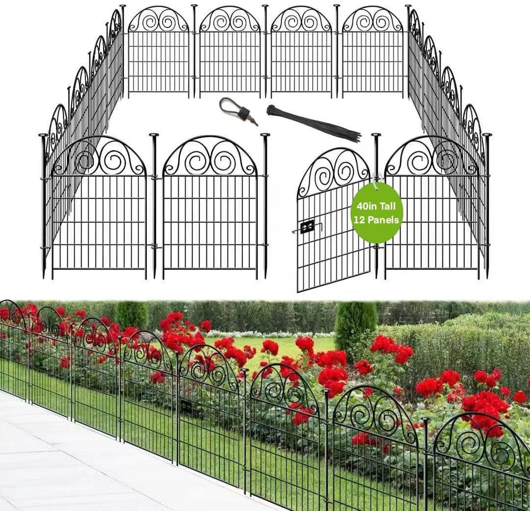 Getlay Tall Garden Fence Animal Barrier with Gate, 40 In(H) 12 Panels Garden Fences and Borders for Dogs, Dog Fence Outdoor for Yard, Total Length 26.2 Ft Metal Temporary Fencing│Patented