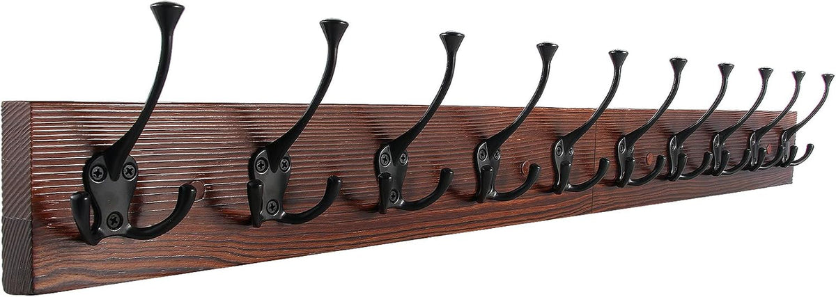 Ibosins Brown Wood Wall Mounted Coat Rack, 34" Long with 10 Black Tri-Hooks