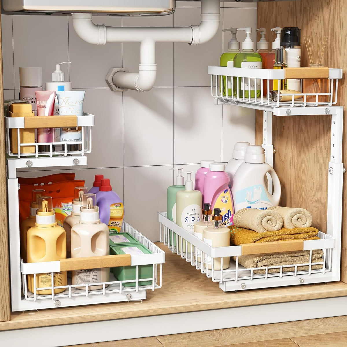 PXRACK under Sink Organizer, Adjustable Height, 2 Tier Pull Out under Cabinet Organizer, Slide Out Thickened Metal under Sink Storage for Kitchen Bathroom Laundry Pantry Cabinet, White, Large-2-Pack