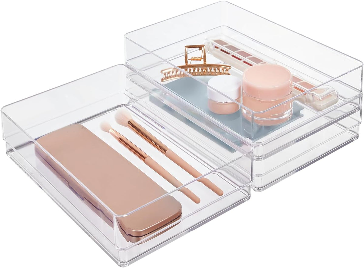 Stori Simplesort 3-Piece Stackable Clear Drawer Organizer Set | 9" X 6" X 2" Rectangle Trays | Wide Makeup Vanity Storage Bins and Office Desk Drawer Dividers | Made in USA