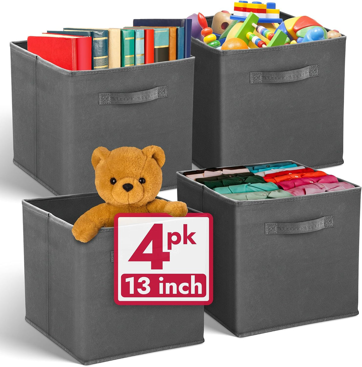 Reli. 13X13X13 Storage Cube Bins (4 Pack) | Dark Gray