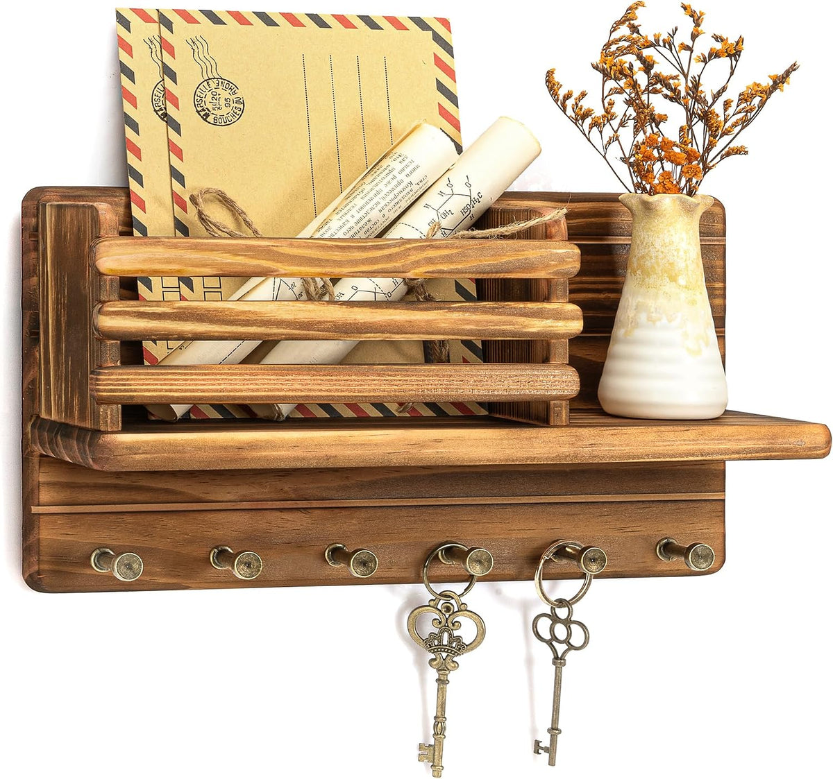 Key Holder Wall Mount with Mail Slot for Entryway, Retro Brown